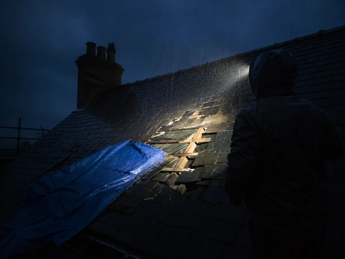 Roofer on a Suffolk slate roof at night in the rain making an emergency repair