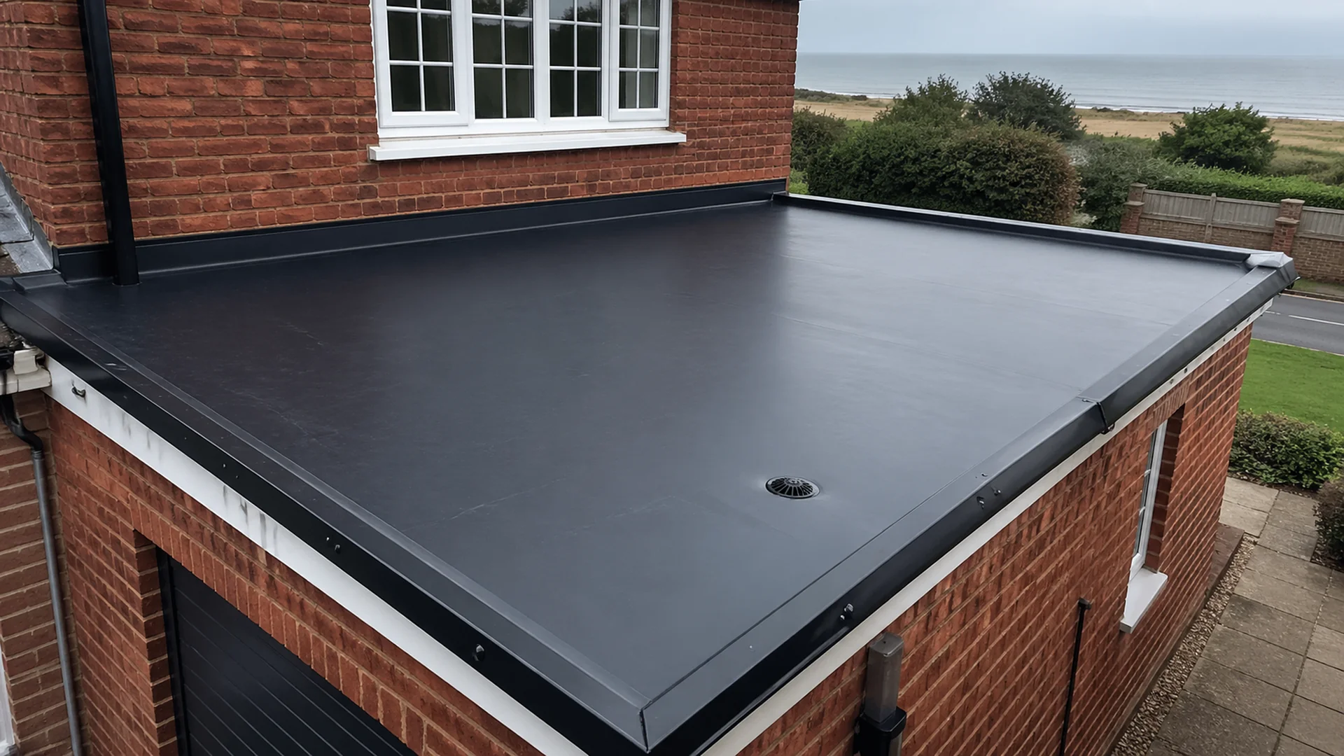Completed black EPDM flat roof on a Felixstowe coastal property