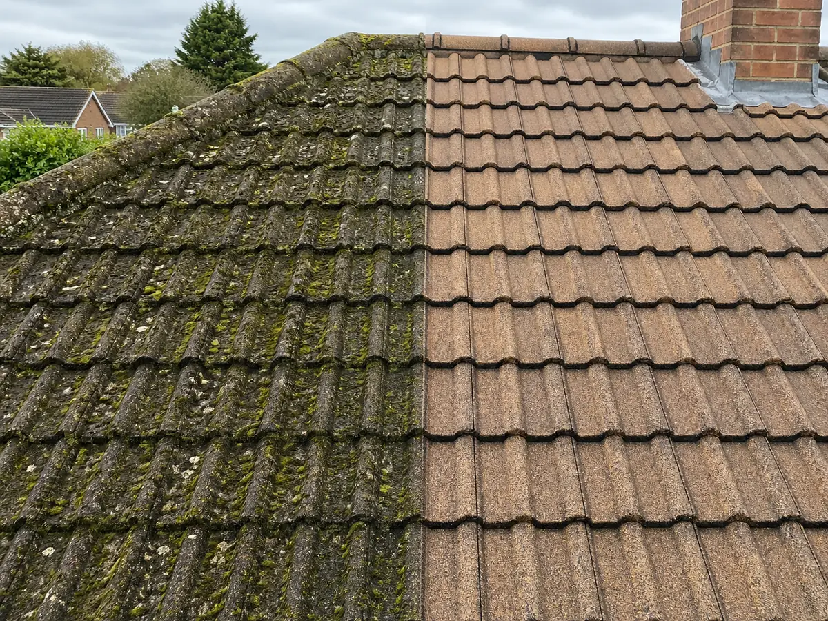 Suffolk concrete tile roof half mossy, half cleaned and treated