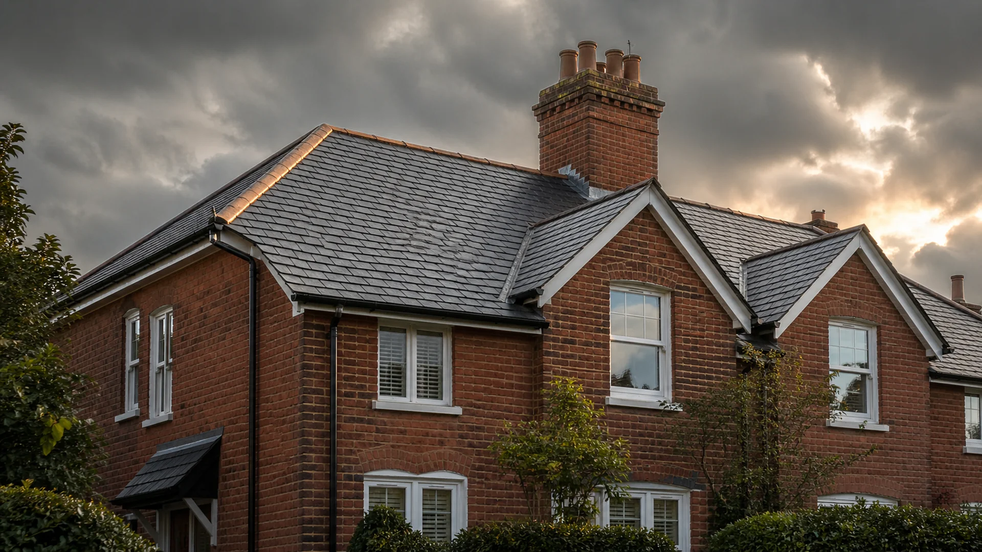 Finished slate roof on a Suffolk home, dark storm clearing, Stormproof Roofing