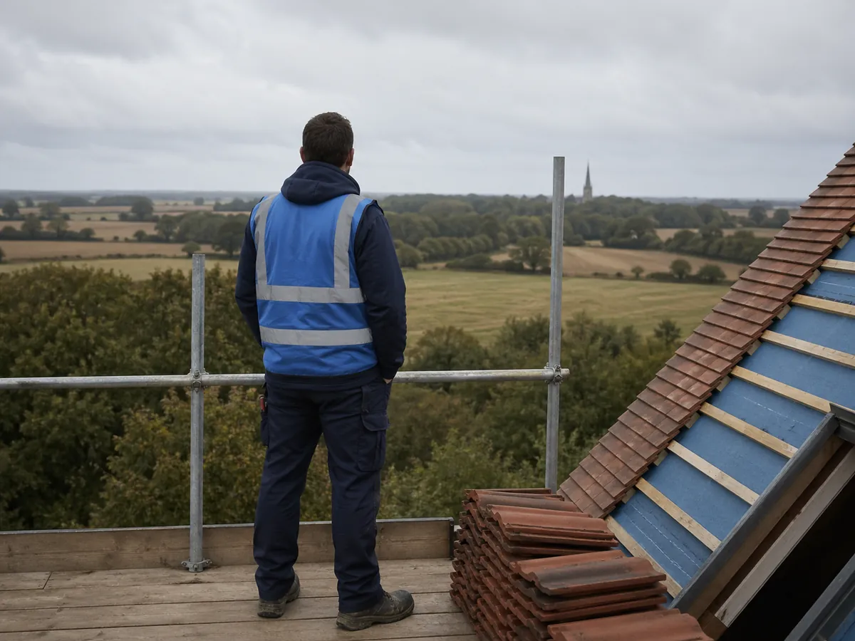 Roofer in hi-vis on scaffolding overlooking rural Suffolk countryside and church spire
